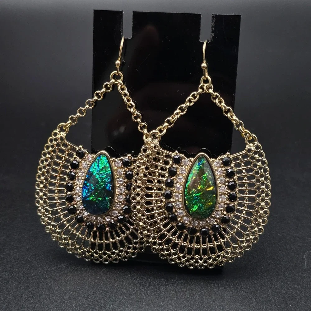 Blue Green Iridescent Earrings GOld Tone Statement Fan Shape